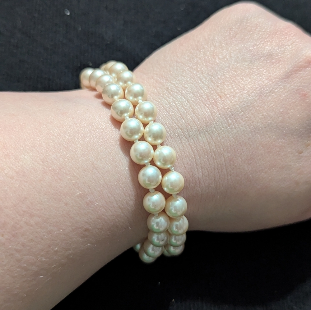 Vintage Gold Tone Cream Faux Pearl Two Strand Statement Bracelet